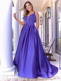 Vestido de noche largo formal morado estilo princesa con escote en V de satén y bolsillos para graduación