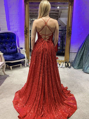 Langes, rückenfreies Ballkleid in A-Linie mit V-Ausschnitt, Pailletten und Schlitz in Burgunderrot