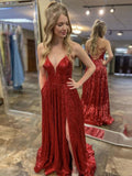 Vestido de noche largo formal burdeos estilo princesa sin espalda con escote en V, lentejuelas y abertura