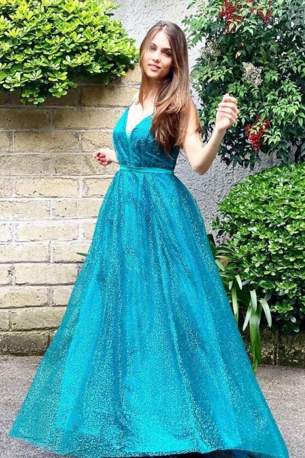 Long A-line V-neck Sequins Open Back Prom Dress