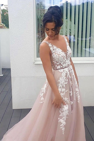 Long A-line V-neck Spaghetti Straps Backless Appliques Lace Tulle Prom Dress