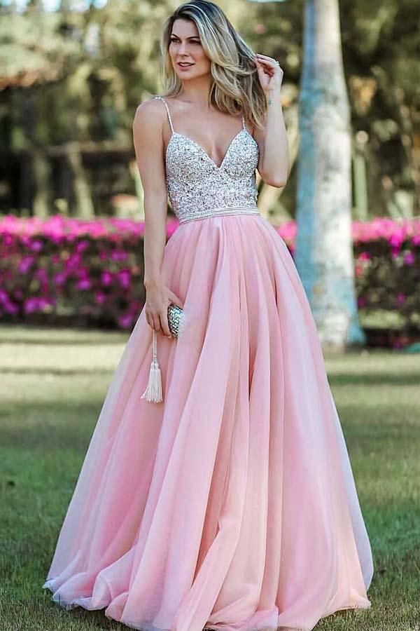 Long A-line V-neck Spaghetti Straps Open Back Prom Dress