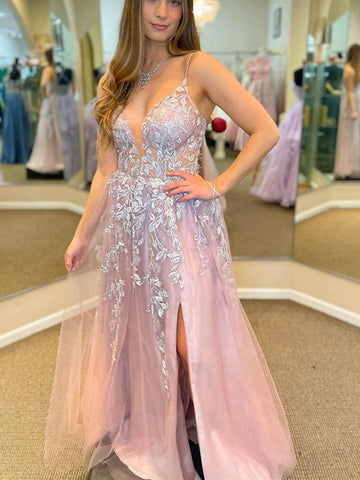 Langes, formelles Ballkleid in A-Linie mit V-Ausschnitt, Tüll vorne mit Schlitz und Spitzenapplikationen
