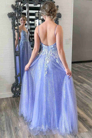 Langes A-Linien-Ballkleid mit V-Ausschnitt und rückenfreiem Tüll und Spitze, lila, geblümt, formelle Abschluss-Abendkleider