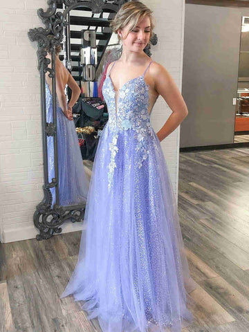 Langes A-Linien-Ballkleid mit V-Ausschnitt und rückenfreiem Tüll und Spitze, lila, geblümt, formelle Abschluss-Abendkleider