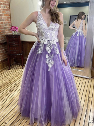 Langes A-Linien-Ballkleid mit V-Ausschnitt, Tüllspitze, Blumenmuster und 3D-Blumen