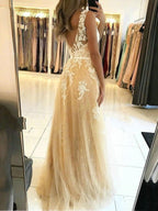 Long A-line v-neck Tulle Lace Prom Dress Champagne Backless Formal Graduation Evening Dresses