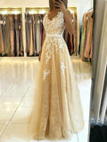 Vestido de noche largo de línea A con escote en V, tul y encaje, color champán, sin espalda, para graduación y eventos formales