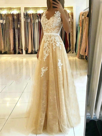 Langes A-Linien-Ballkleid mit V-Ausschnitt und Tüllspitze, Champagner, rückenfrei, formelle Abschluss-Abendkleider