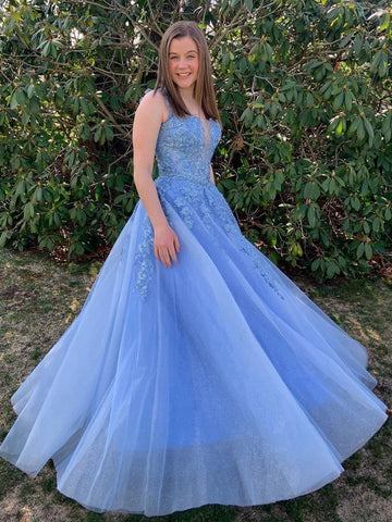 Langes A-Linien-Abendkleid mit V-Ausschnitt und Tüllspitze