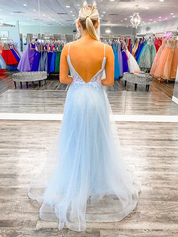 Langes A-Linien-Ballkleid mit V-Ausschnitt und offenem Rücken aus Tüll mit Spitzenblumen, himmelblau, formelles Abschluss-Abendkleid