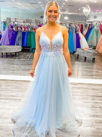 Langes A-Linien-Ballkleid mit V-Ausschnitt und offenem Rücken aus Tüll mit Spitzenblumen, himmelblau, formelles Abschluss-Abendkleid
