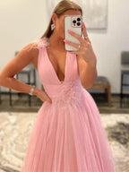 Long A-line V-neck Tulle Prom Dress with Pockets Pink Formal Graduation Evening Dresses