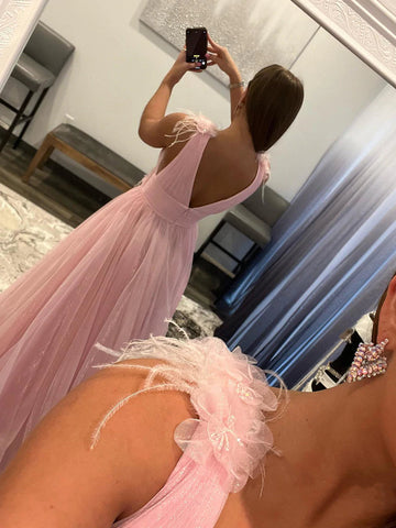 Langes A-Linien-Ballkleid aus Tüll mit V-Ausschnitt und Taschen, Rosa, formelle Abschluss-Abendkleider
