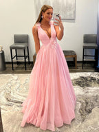 Long A-line V-neck Tulle Prom Dress with Pockets Pink Formal Graduation Evening Dresses