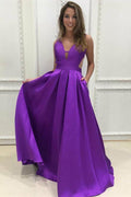 Vestidos de Fiesta Largos Sin Espalda, Sin Mangas, Escote en V y Corte en A con Bolsillos