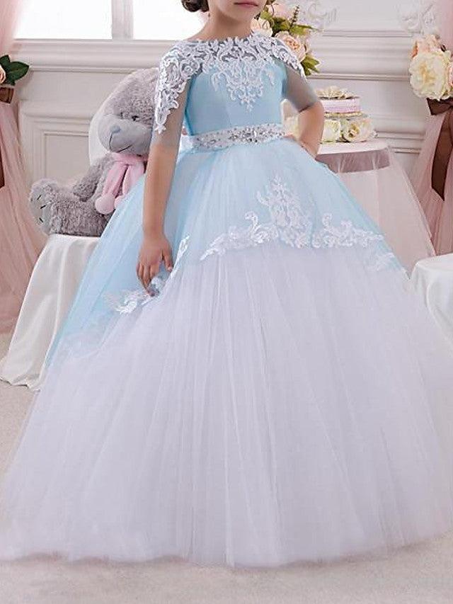 Long Ball Gown Jewel Neck Tulle Lace Pageant Flower Girl Dresses with Sleeves