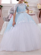 Long Ball Gown Jewel Neck Tulle Lace Pageant Flower Girl Dresses with Sleeves