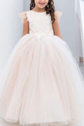 Long Ball Gown Lace Appliques Tulle Flower Girl Dresses