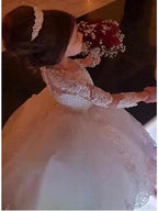 Long Ball Gown Lace Jewel Neck Wedding Flower Girl Dresses with Sleeves