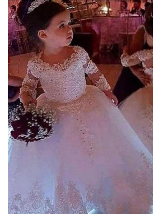 Long Ball Gown Lace Jewel Neck Wedding Flower Girl Dresses with Sleeves