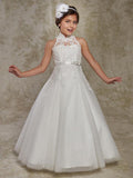 Long Ball Gown Lace Sleeveless High Neck Wedding Party Flower Girl Dresses With Beading Appliques