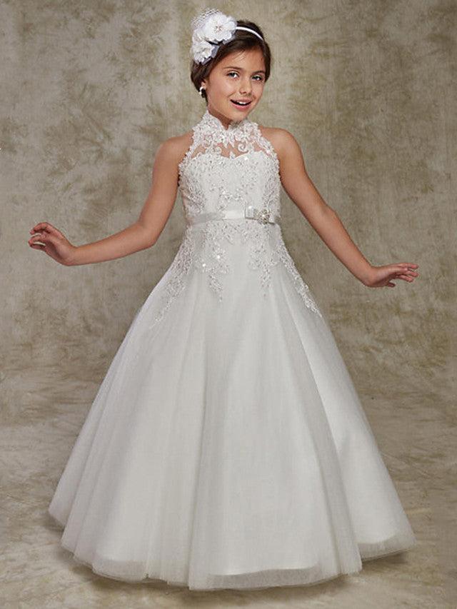 Long Ball Gown Lace Sleeveless High Neck Wedding Party Flower Girl Dresses With Beading Appliques