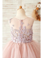Long Ball Gown Lace Tulle Sleeveless Jewel Neck Wedding Birthday Flower Girl Dresses