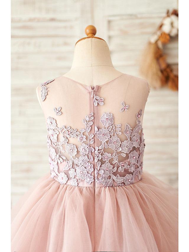 Long Ball Gown Lace Tulle Sleeveless Jewel Neck Wedding Birthday Flower Girl Dresses