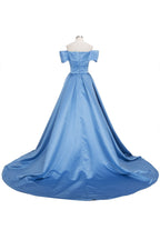 Langes Ballkleid, schulterfrei, Satin, blau, Ballkleider mit Schlitz