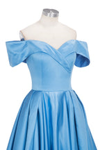 Langes Ballkleid, schulterfrei, Satin, blau, Ballkleider mit Schlitz