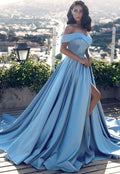 Abito da Ballo Lungo Satin Blu Spalla Scoperta con Spacco
