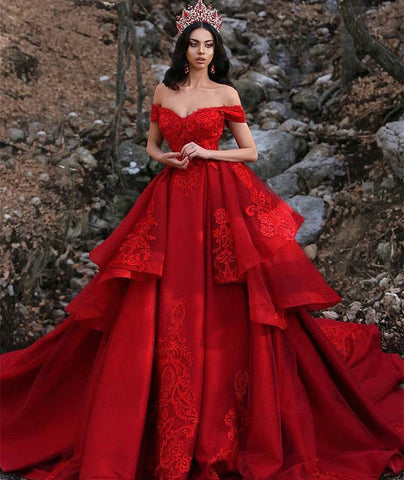 Long Ball Gown Off the Shoulder Satin Lace Red Prom Dress