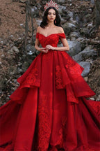 Long Ball Gown Off the Shoulder Satin Lace Red Prom Dress