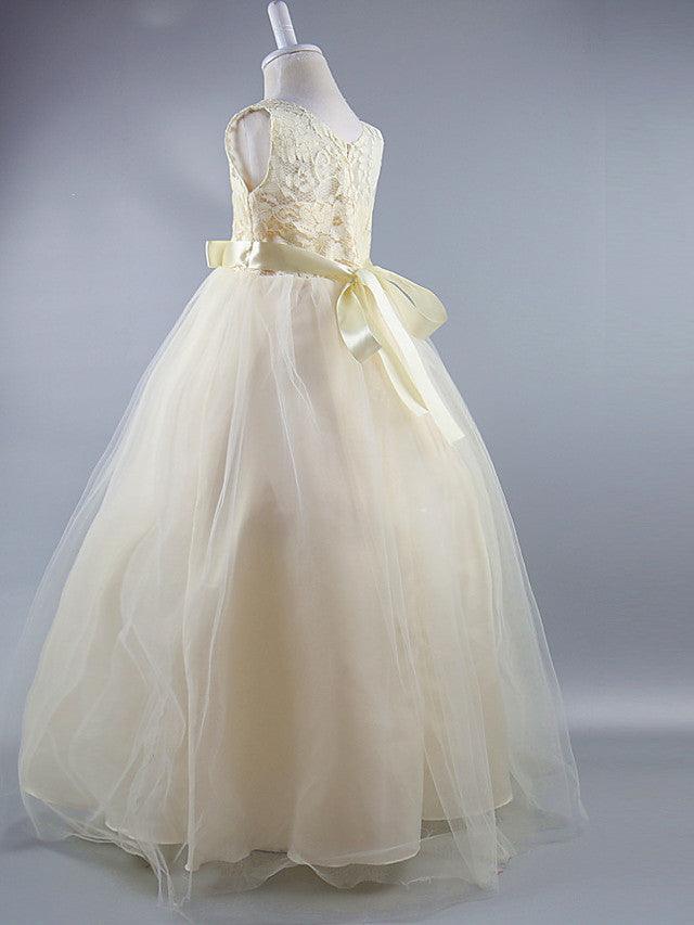 Long Ball Gown Satin Jewel Neck Wedding First Communion Pageant Flower Girl Dresses