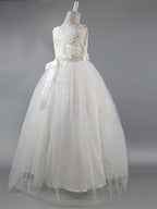 Long Ball Gown Satin Jewel Neck Wedding First Communion Pageant Flower Girl Dresses