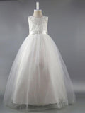 Long Ball Gown Satin Jewel Neck Wedding First Communion Pageant Flower Girl D… - photo 1