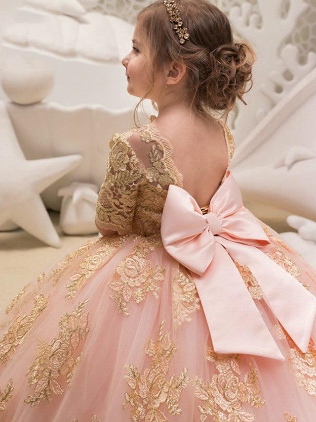 Long Ball Gown Tulle Half Sleeve Jewel Neck Wedding Party Flower Girl Dresses