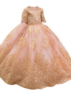 Long Ball Gown Tulle Half Sleeve Jewel Neck Wedding Party Flower Girl Dresses