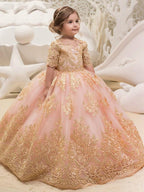 Long Ball Gown Tulle Half Sleeve Jewel Neck Wedding Party Flower Girl Dresses