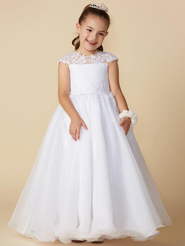 Long Ball Gown Tulle Jewel Neck Wedding First Communion Flower Girl Dresses with Sleeves