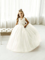 Long Ball Gown Tulle Lace Sleeveless Flower Girl Dress with Bow