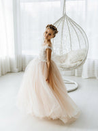Long Ball Gown Tulle Open Back Boho Flower Girl Dresses with bow