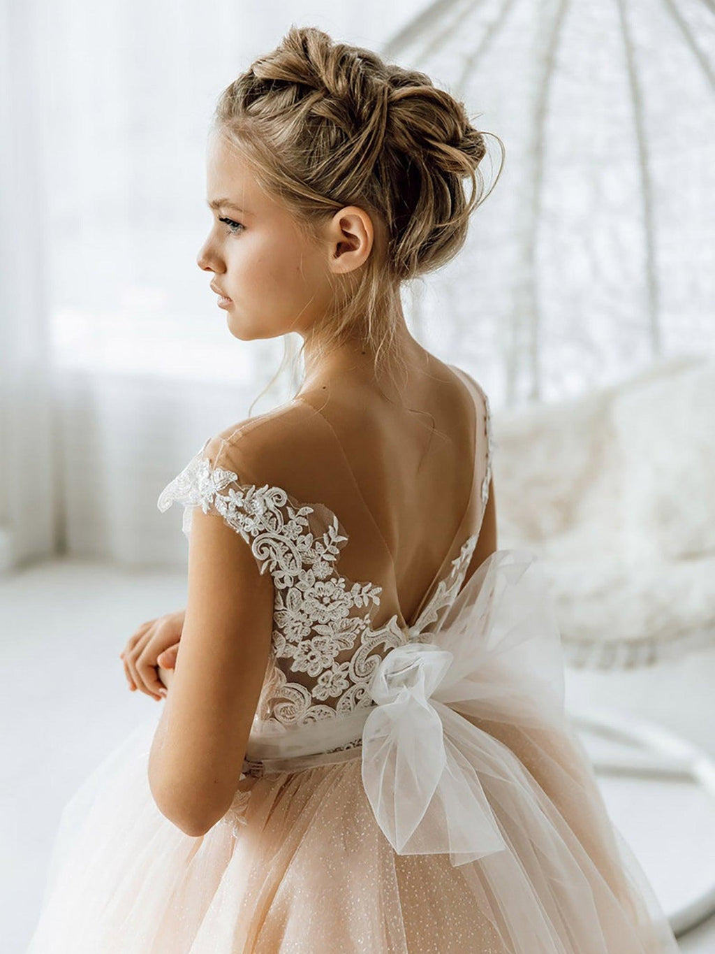 Long Ball Gown Tulle Open Back Boho Flower Girl Dresses with bow