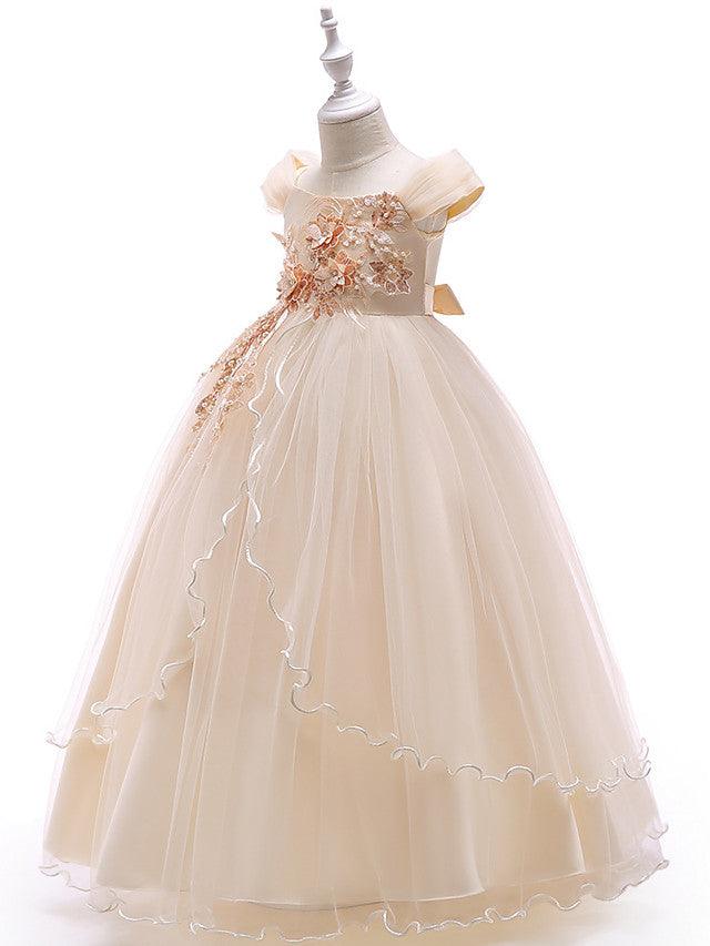 Long Ball Gown Tulle Sleeveless Off The Shoulder Wedding Party Flower Girl Dresses