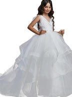 Long Ball Gown V Neck Tulle Party Birthday Flower Girl Dresses