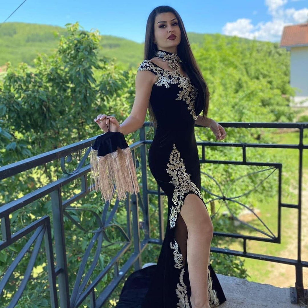 Long Black Mermaid High Neck Appliques Lace Velvet Prom Dress With Slit