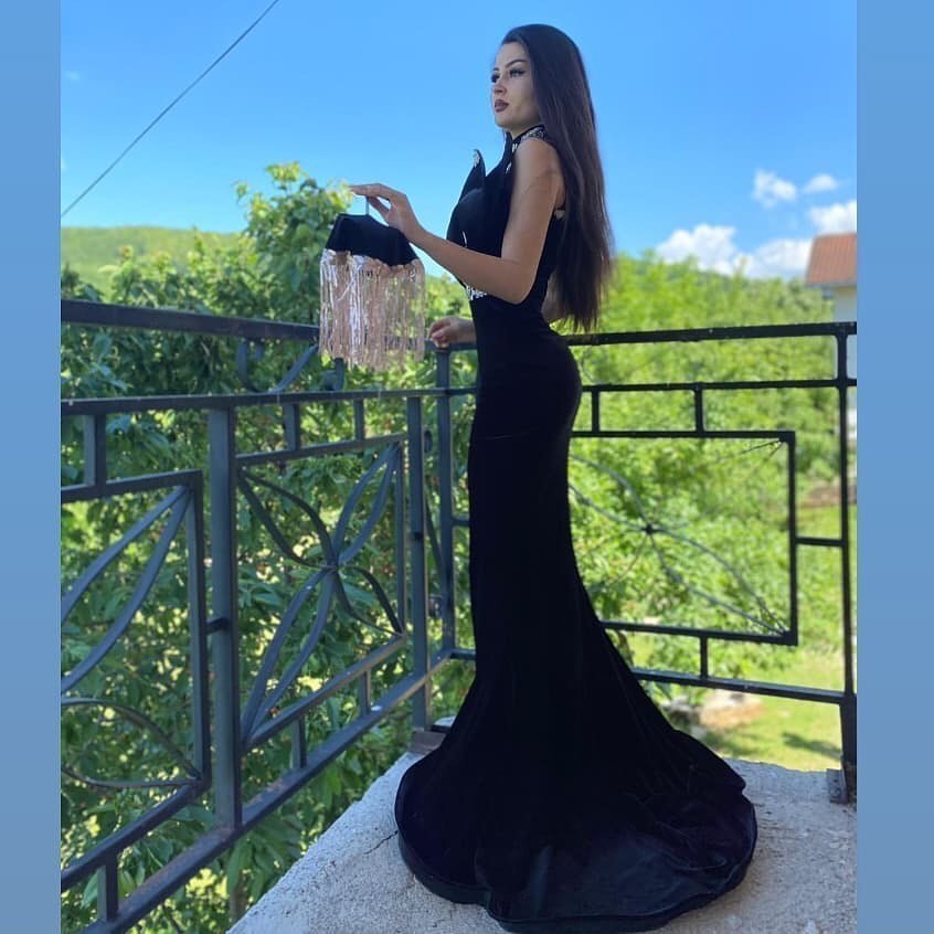 Long Black Mermaid High Neck Appliques Lace Velvet Prom Dress With Slit