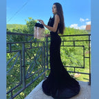 Long Black Mermaid High Neck Appliques Lace Velvet Prom Dress With Slit