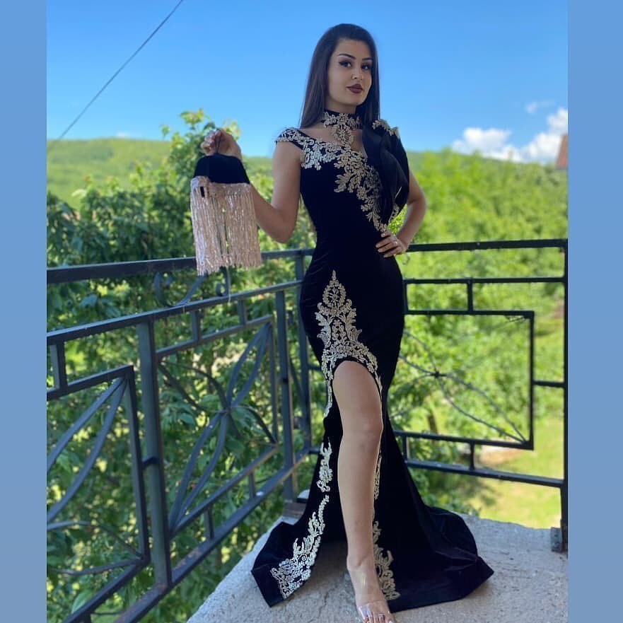Long Black Mermaid High Neck Appliques Lace Velvet Prom Dress With Slit